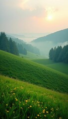 Misty morning in the rolling hills of Bieszczady, scenery, morning