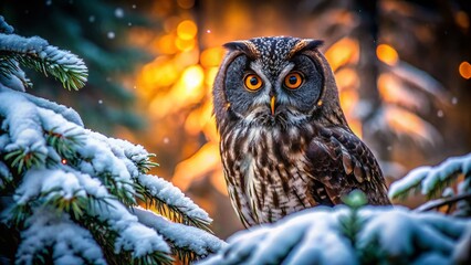 Majestic Black Owl in Winter Wonderland: Striking Orange Eyes on Snowy Evergreen
