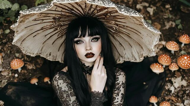Dark and mysterious woman with parasol among orange mushrooms in a forest setting