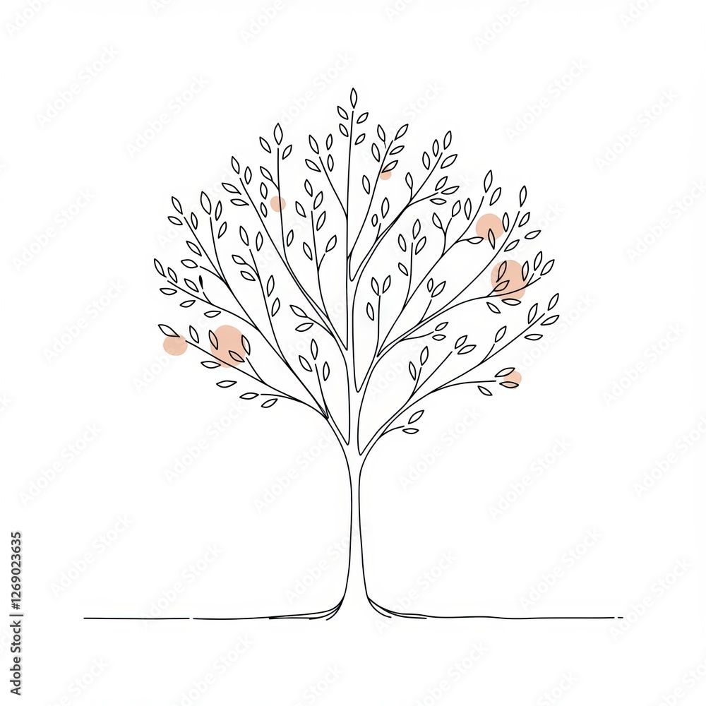 Poster minimalist line art tree with abstract leaves and subtle dots on a simple background