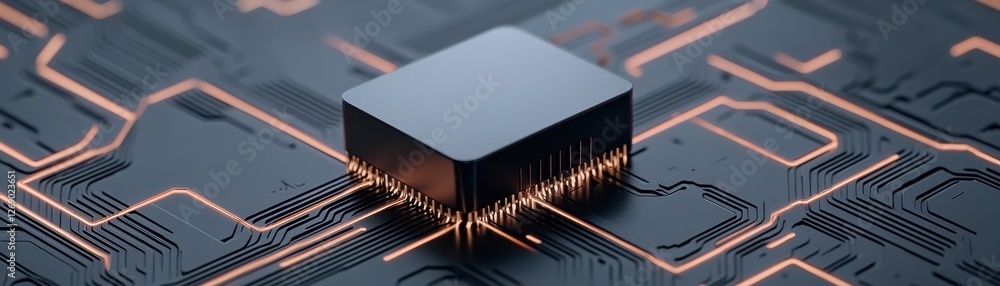 Aufkleber close-up of modern microchip on circuit board with glowing traces in futuristic digital technology e