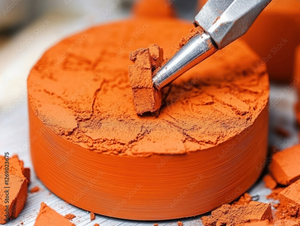 Poster close-up of bright orange crushed powder on circular surface with tool for artistic applications and