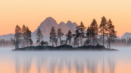 Fototapeta premium Tranquil Misty Landscape at Sunrise with Pine Trees Reflecting on Calm Water and Majestic Mountains in the Background