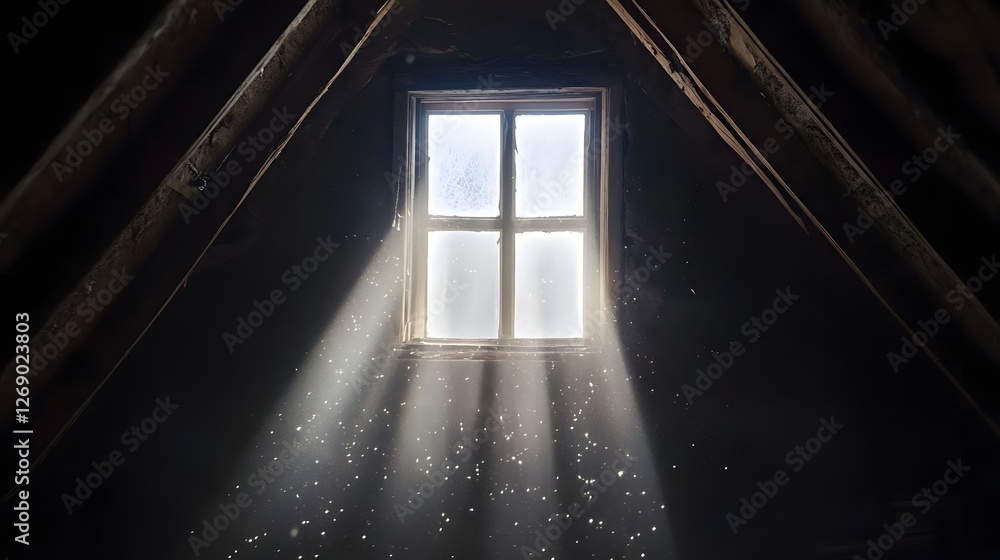 Poster sunlight streaming through an attic window, illuminating dust particles in a rustic setting