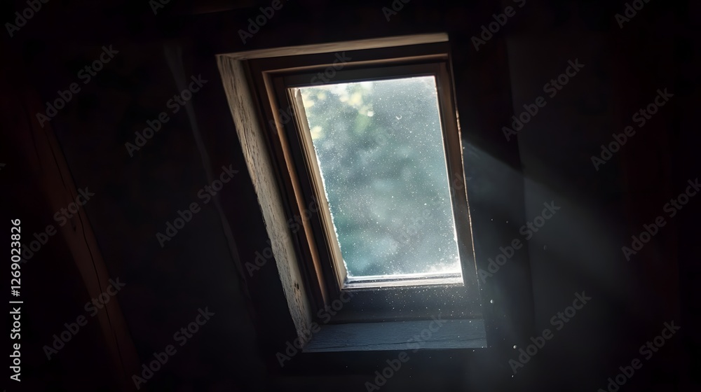 Poster sunlight streaming through a dusty attic window, illuminating particles in the air, creating a seren