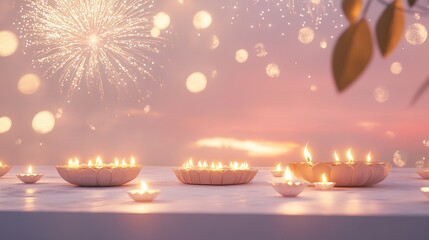 Banner design for diwali festival and podium,Diwali light decoration candle with fireworks,Stage,Product display Showcase design sparkle background,Deepavali,Dipavali,3D podium illustration.