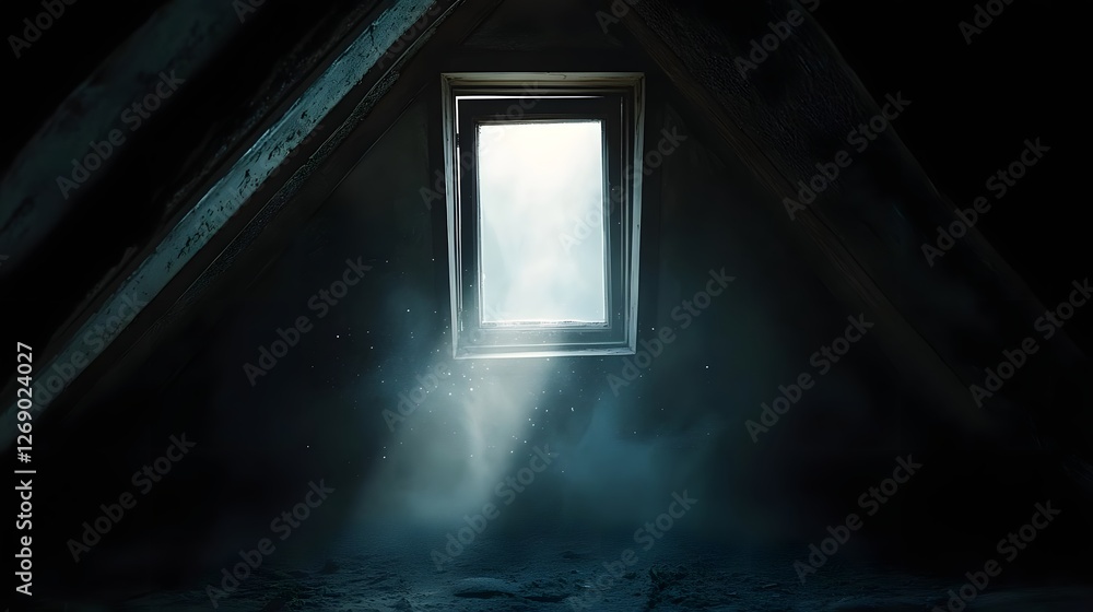 Poster light streaming through an attic window, creating a mysterious atmosphere with dust particles visibl