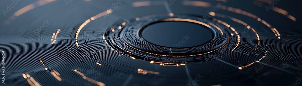 Poster futuristic abstract design with glowing circuits, circular patterns, and dark metallic background fo
