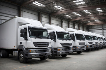 Naklejka premium Transport Trucks at Factory Warehouse. A factory warehouse with transport trucks parked outside.
