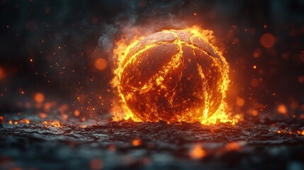 Fiery basketball made of molten lava rises, sports concept symbolizes power and energy, dynamic and dramatic, ideal for athletic, competition and game promotions.