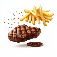 Of Levitating steak with crispy golden fries and sauce isolated on white