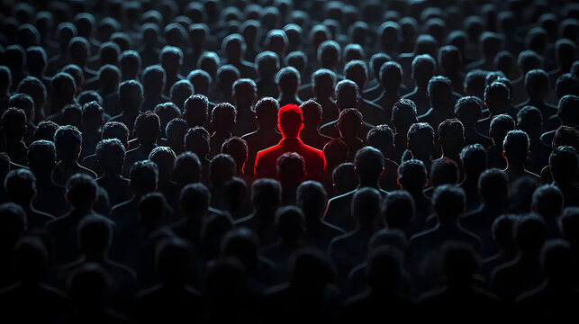 A dense crowd of matte black silhouettes, with a striking red figure in sharp contrast under a spotlight, emphasizing the peril of insider threats in data environments.