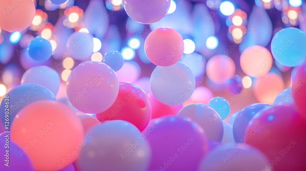 Poster 3d rendering of a bunch of pastel-colored balls floating in the air against a blurry background of t