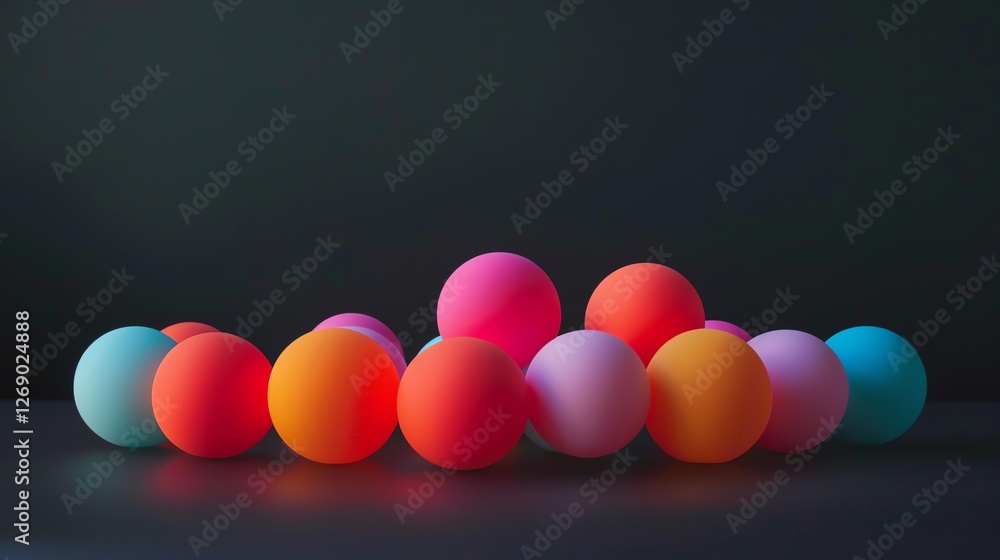 Poster 3d rendering of a group of colorful balls on a dark background.