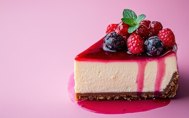 Classic New York cheesecake with berry topping on a bold pink background