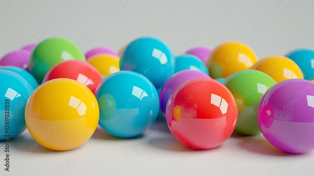 Poster a group of colorful balls of different sizes are scattered on a solid white surface.