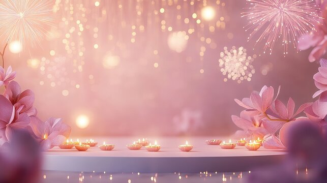 Banner design for diwali festival and podium,Diwali light decoration candle with fireworks,Stage,Product display Showcase design sparkle background,Deepavali,Dipavali,3D podium illustration.