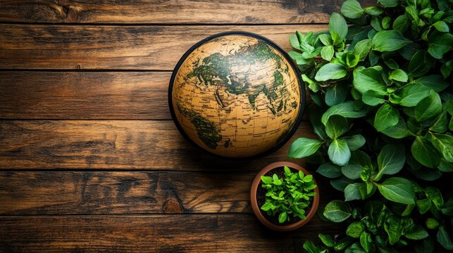 Vintage Globe and Lush Greenery on Rustic Wooden Background Global Sustainability Concept