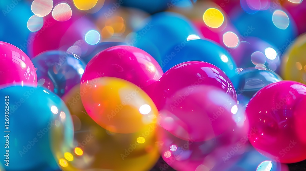 Poster amazing colorful bubbles floating in the air, with a beautiful bokeh background.