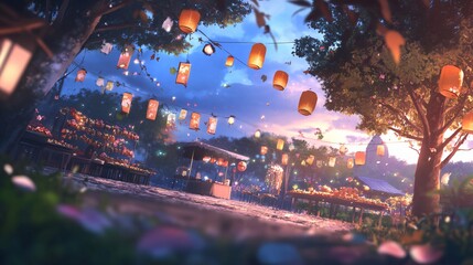 a vibrant scene with lanterns strung across a japanese market at dusk, creating a festive and enchanting atmosphere.