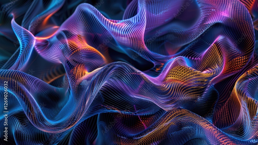 Poster a visually stunning abstract depiction featuring flowing waves in blue and purple tones, creating a 