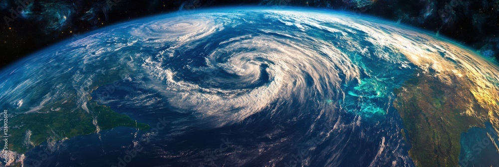 Poster Spinning storm system captured from space over the Atlantic Ocean displaying swirling cloud patterns and vibrant colors. Generative AI