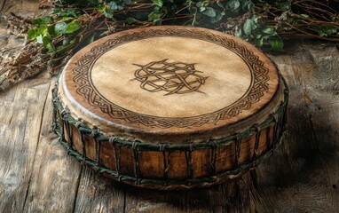 Fototapeta premium Traditional Irish drum with a Celtic pattern lying on a rustic background