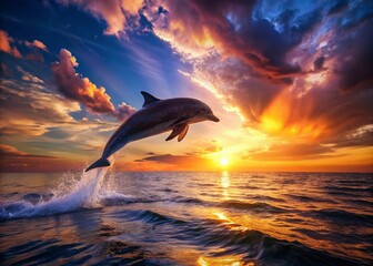 Fototapeta premium Majestic Dolphin Leap at Sunset: Night Ocean Wildlife Photography