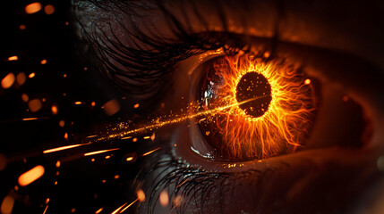 Close-up view of a human eye with glowing orange fiery sparks and an intense bright light in the center of the iris, symbolizing power, energy, and futuristic vision with dynamic effects.