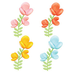Set of Easter Theme Cute Flowers Deco on White background , 3D Rendering , Vector Illustration