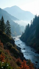 Foggy morning over Coeur d Alene river valley, valley, trees, rock formations