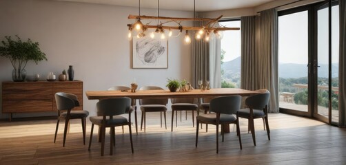 Fototapeta premium Comfortable seating arrangement around a wooden dining table, wooden dining table, rug, dark blue velvet chair