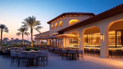 Elegant outdoor dining area at sunset, featuring palm tree and a serene background ambiance