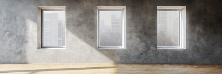 Three windows in a minimalist concrete wall room