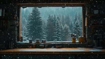 Snowy mountain view from rustic cabin window