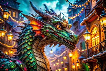Fototapeta premium Majestic Glowing Dragon Close-Up: Festive Urban Exploration Fantasy