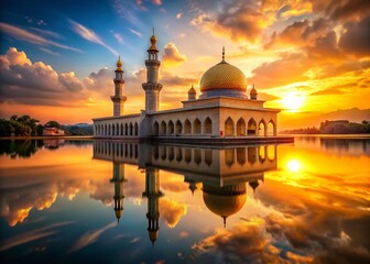 Naklejka premium Majestic Golden Mosque Dome Sunrise Reflection - High Resolution Stock Photo