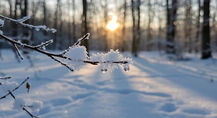 Winter sunrise in forest with frosty snowflakes on branches