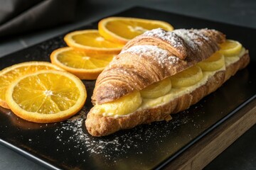 Croissant with a thin layer of lemon curd and sliced orange on top, arranged artfully on a sleek black surface, food, kitchen