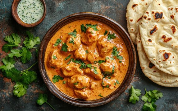 Indian butter chicken with naan on a pastel background