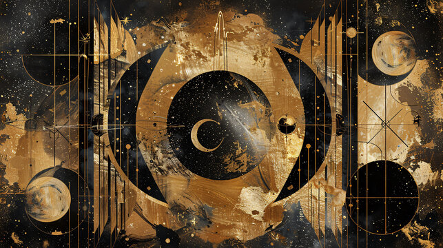 Cosmic-themed abstract background with gold metallic foil and marbled textures, incorporating sacred geometry motifs with stars and planets.