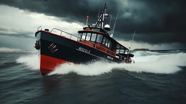 Stormy Seas, Brave Vessel: A powerful workboat cuts through tumultuous waves under a brooding, dark sky, showcasing its strength and resilience in the face of adversity. 