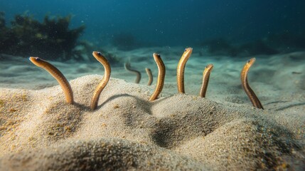 A group of garden eels poking out of the sandy seabed, swaying with the current