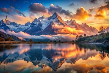Majestic Himalayan Peaks Reflecting in a Calm Lake at Sunrise, Nepal