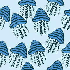 jellyfish in blue colors seamless pattern. Blue jellyfish in the water seamless pattern. 