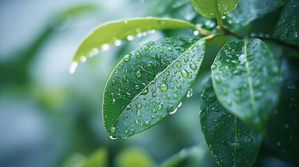 Dew Drops on Lush Green Leaves - Close-Up Nature Photography