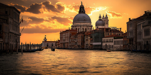Fototapeta premium Venice Grand Canal with Basilica and Warm Sunset Sky