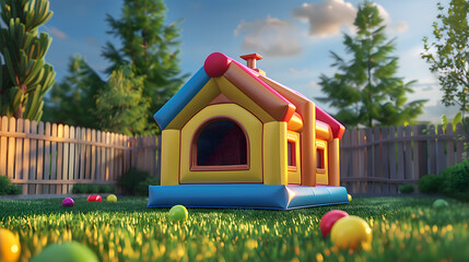 Modern 3D Render of a Bouncy House Isolated on a Backyard Background.