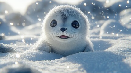 Obraz premium Adorable baby seal pup in snowy landscape.