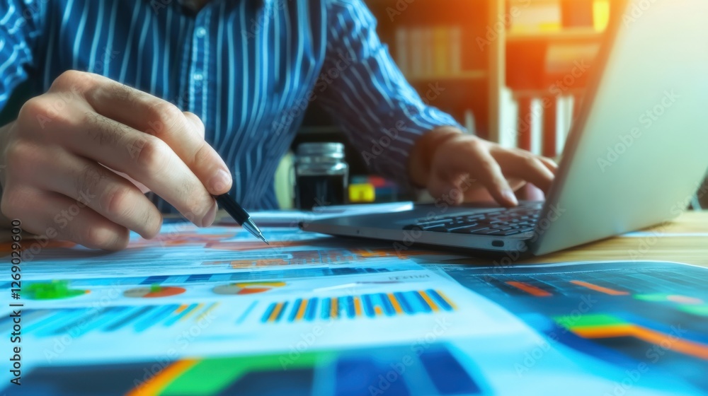 Poster analyzing business data trends office environment digital report professional workspace close-up per